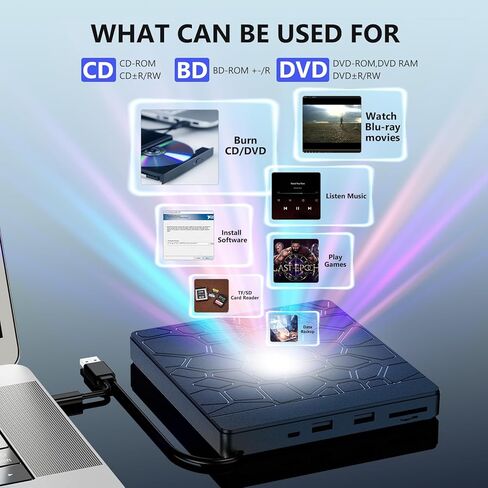 External Blu-ray Drive for Laptop - DVD/CD Drive with Dual USB-A Ports, Portable 5-in-1 USB 3.0 BD Reader, SD/TF Slots - Blu-ray Player for PC, Windows/Mac/Linux OS Compatible (5 in 1) in Kuwait
