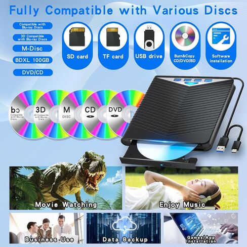 Dainty 7-in-1External Blu ray Drive Read/Write with Bluray Burner USB 3.0 and Type-C Compatible with/Windows7-11 Mac OS Support for BD/DVD/CD Drive, Windows 7-11 & Mac, PC-Compatible, M-DISC(Black) in Kuwait