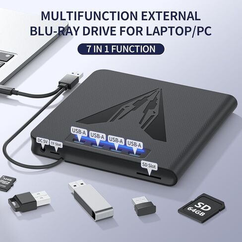 7 in 1 External Blu Ray Drive & Burner for PC Laptop, Portable Blu Ray/DVD/CD Burner with 100GB Disc Support, SD/TF Card Reader & USB 3.0 Hub for Windows MacOS Linux Desktop (7 in 1) in Kuwait