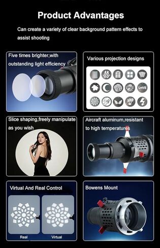 مجموعة Bowens Mount 35° Lens Spotlight المخروطية الضوئية، ملحق جهاز عرض إضاءة استوديو التصوير الفوتوغرافي مع 15Gobos لـ Aputure Amaran 100DS/XS 200XS/DS 300C/DII/X 60D/XS Godox SL60 in Kuwait