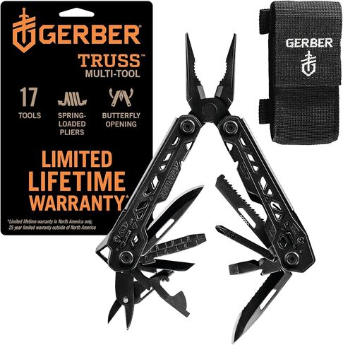 أداة متعددة كماشة الأنف بإبرة EDC 17 في 1 من Gerber Gear Truss - تتضمن سكين جيب ومفك براغي وإكسسوارات فتاحة الزجاجات - هدايا للرجال ومعدات الصيد والتخييم - رمادي مع غمد قياسي in Kuwait