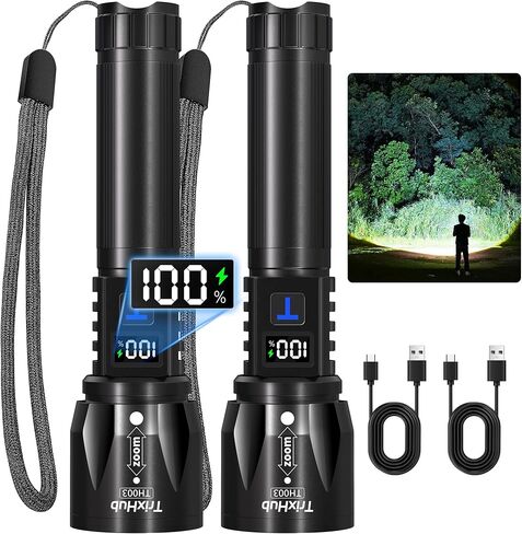 TrixHub Rechargeable LED Flashlights High Lumens 2Pack, Super Bright Zoomable Handheld Flash Light with LCD Digital Display, Powerful Emergency Linternas, Waterproof, Long Lasting, for Hiking Camping in Saudi Arabia