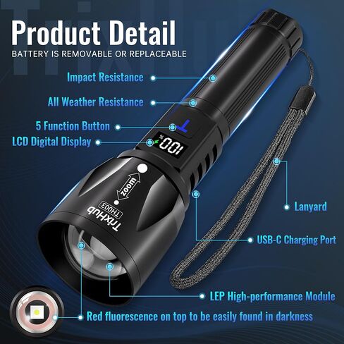 TrixHub Rechargeable LED Flashlights High Lumens 2Pack, Super Bright Zoomable Handheld Flash Light with LCD Digital Display, Powerful Emergency Linternas, Waterproof, Long Lasting, for Hiking Camping in Saudi Arabia