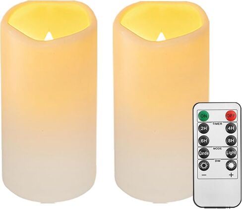 2PACK شموع بلاستيكية عديمة اللهب للاستخدام الخارجي مع جهاز تحكم عن بعد ومؤقت، شموع عمودية كهربائية تعمل ببطارية LED وامضة (D3 xH5.5) للتخييم وحفلات الزفاف والديكور المنزلي in Kuwait