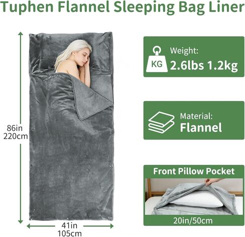 بطانة حقيبة نوم من Tuphen Flannel، كيس نوم رقيق للكبار مقاس XXL مع سحاب مخفي، ملاءة سفر سميكة مقاومة للأوساخ للفندق، والتخييم، وحقائب الظهر، والاستخدام الداخلي والخارجي، رمادي، 86 بوصة × 41 بوصة in Kuwait