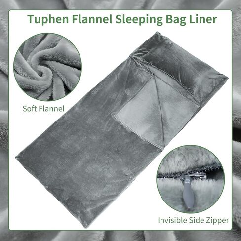 بطانة حقيبة نوم من Tuphen Flannel، كيس نوم رقيق للكبار مقاس XXL مع سحاب مخفي، ملاءة سفر سميكة مقاومة للأوساخ للفندق، والتخييم، وحقائب الظهر، والاستخدام الداخلي والخارجي، رمادي، 86 بوصة × 41 بوصة in Kuwait
