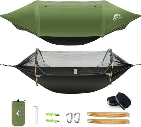 Camping Hammock Tent with Mosquito Net & RainFly, 3 in 1 Waterproof Portable Sleeping Hammock Bug Backpacker Lightweight Outdoor Gear Swing for Hiking Travel Patio Expedition(Dark Green) in Saudi Arabia