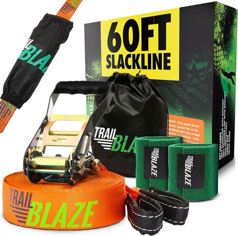Complete Slackline Kit with Training Line - 60ft Slack Lines for Backyard for Kids and Adults, Wider Tree Protectors - Ninja Slackline Kit for Kids Outdoor Play Equipment (Complete Kit - Orange) in Saudi Arabia