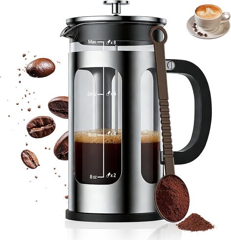 French Press Coffee Maker 34oz, Heat Resistant Thickened Glass Stainless Steel Brewer, No Plastic Touching Cafe, 4-Level Filtration, Cold Brew Cafe/Tea Pot for Kitchen Camping Travel, Gifts, Bar in Kuwait