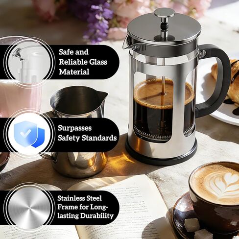 French Press Coffee Maker 34oz, Heat Resistant Thickened Glass Stainless Steel Brewer, No Plastic Touching Cafe, 4-Level Filtration, Cold Brew Cafe/Tea Pot for Kitchen Camping Travel, Gifts, Bar in Kuwait