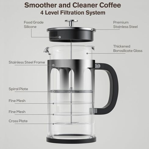 French Press Coffee Maker 34oz, Heat Resistant Thickened Glass Stainless Steel Brewer, No Plastic Touching Cafe, 4-Level Filtration, Cold Brew Cafe/Tea Pot for Kitchen Camping Travel, Gifts, Bar in Kuwait