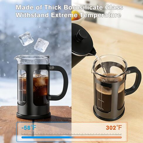 French Press Coffee Maker 34oz, Heat Resistant Thickened Glass Stainless Steel Brewer, No Plastic Touching Cafe, 4-Level Filtration, Cold Brew Cafe/Tea Pot for Kitchen Camping Travel, Gifts, Bar in Kuwait