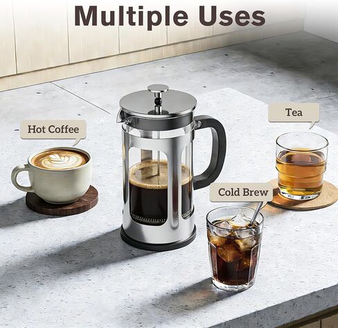 French Press Coffee Maker 34oz, Heat Resistant Thickened Glass Stainless Steel Brewer, No Plastic Touching Cafe, 4-Level Filtration, Cold Brew Cafe/Tea Pot for Kitchen Camping Travel, Gifts, Bar in Kuwait