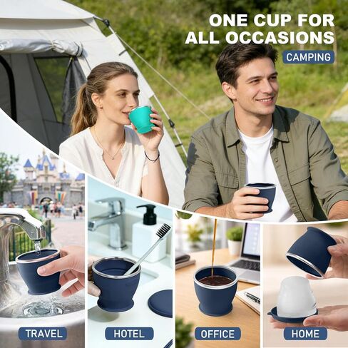 Collapsible Travel Cup, BPA-Free Reusable Water Cup, Lightweight Drinking Cups with Lids and Carrying Strap, Dishwasher Safe Silicone Cups for Camping, Travel, Airports, Hotel (6.7oz, Navy) in Saudi Arabia