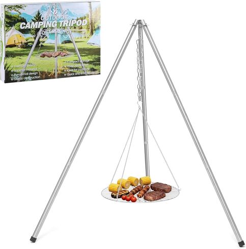 Stainless Steel Campfire Tripod for Cooking, HaSteeL Camping Tripod Grill with 17" Folding Grate, Heavy Duty Openfire Stand Hanger for Outdoors Beach Firepit BBQ, Detachable Handle, Adjustable Height in Saudi Arabia