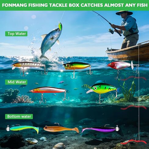 FONMANG Fishing lures-2026 New Fishing Lure kit for Bass Trout,Tackle Box with Tackle Included, Fishing Plugs,Swimbait, Minnows, Soft Baits, Hooks & Weights Accessories in Kuwait