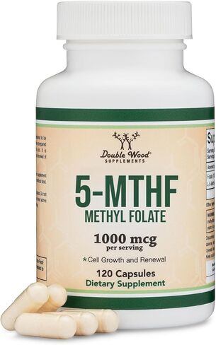 Methylfolate 1,000mcg, 120 Capsules (Methyl Folate Supplement Manufacture in The USA) Methylated Folate is a More Active, Natural Form of Folate Than Folic Acid (Non-GMO, Vegan Safe) by Double Wood in Saudi Arabia