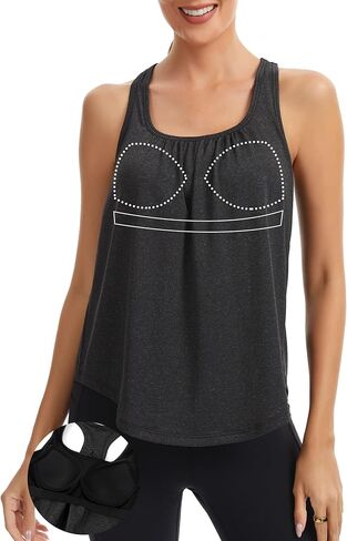 SLIMBELLE Built in Bra Workout Tank for Women Running Yoga Gym Tennis Sport Cami Shirt Racer Back Crewneck Loose Fit Top in Saudi Arabia
