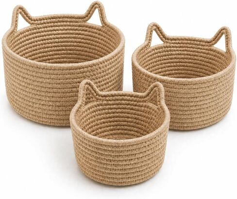 Small Woven Baskets | Mini Storage Bins | Cotton Rope Baby Nursery Organizers | Cute Round Cat Ears Basket for Organizing Desk Decor Kids Toy Dog Cat Baby Girls Gifts-Set of 3(Beige) in Saudi Arabia