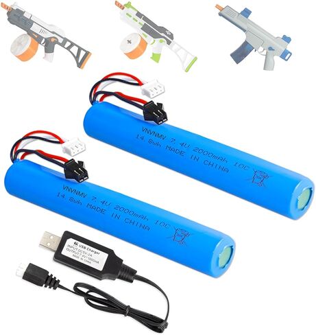 بطارية 7.4 فولت 2000 مللي أمبير في الساعة لمسدس كرات الرش Airsoft Gel Blaster، عبوتان من البطاريات القابلة لإعادة الشحن مع شاحن USB متوافق مع Splatrball SRB1200 400 400-SUB in Kuwait