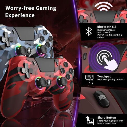 2 وحدة تحكم لاسلكية لجهاز PS4، وحدة تحكم عن بعد للألعاب متوافقة مع PS4/Slim/Pro/PC، قابلة للبرمجة، ضوء RGB، بطارية 1000 مللي أمبير، اهتزاز مزدوج، جيروسكوبي 6 محاور، مشاركة، لوحة لمس، مكبر صوت ومقبس صوت in Kuwait