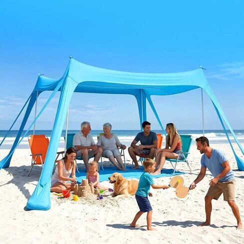 Purebox Beach Tent Sun Shelter - 10x10FT Beach Shade Canopy UPF50+ حماية سهلة الإعداد، مع 8 أكياس رمل، 4 أقطاب استقرار، مجرفة رمل، مسامير أرضية، ظل خارجي للرمال والتخييم وصيد الأسماك in Kuwait