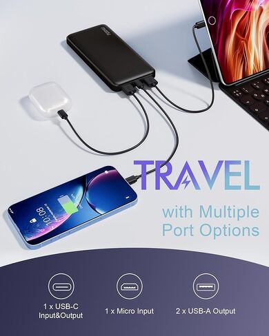 Miady 2-Pack Portable Charger, Slim 10000mAh Power Bank Travel Battery Pack 3 Outputs 2 Inputs Compatible with iPhone 17/16/15/14/13 Galaxy S24/22 iPad Android etc (Black+White) in Saudi Arabia