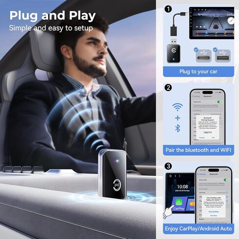 Wireless CarPlay Adapter for iPhone, Convert Wired Car Play to Wireless, 2 in 1 Plug and Play Android Auto and Carplay for Cars with Built-in CarPlay, Support iOS 10 Android 11 and Above (Silver) in Saudi Arabia