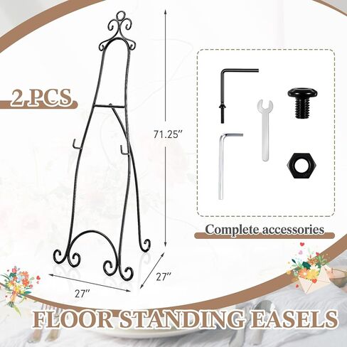 1 Pcs 71.25"H Extra Large Wedding Black Metal Scroll Easel Stand Floor-Standing Vintage Rustic Adjustable Display Stand Easel with Chain Support for Sign Wedding Picture Poster Frame Mirror in Saudi Arabia