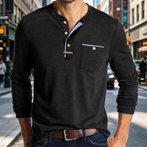 Men's Henley Shirts Long Sleeve Classic Business Casual Button T-Shirts Contrast Color Patchwork Pullover Tops with Pocket in Saudi Arabia