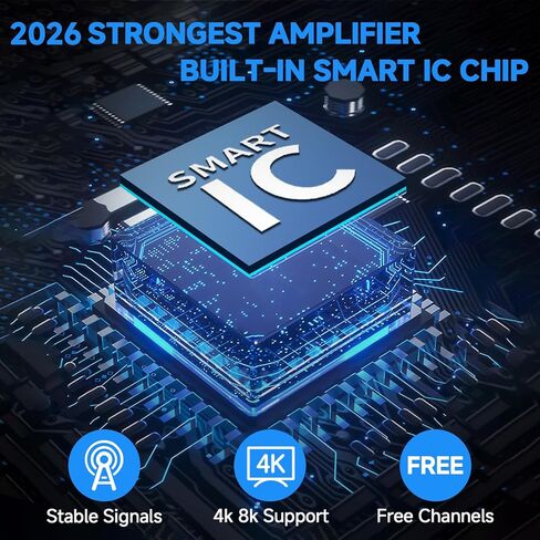 هوائي تلفزيون بمدى يزيد عن 3600 ميل، هوائي تلفزيون رقمي 2026 داخلي وخارجي مع أقوى مضخم صوت، هوائي استقبال 360 درجة عالي الدقة للقنوات المحلية للتلفزيونات الذكية/القديمة - كابل محوري بطول 38 قدمًا يدعم 8K 4K 1080p ATSC 3.0 in Kuwait