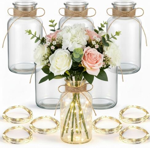 LemonRoad 6 Set Vintage Glass Flower Vase Mason Jar for Centerpieces with Fairy Lights Battery Operated Clear Vases for Weddings Parties Farmhouse Home Table Valentine's Decor Floral Arrangements in Saudi Arabia