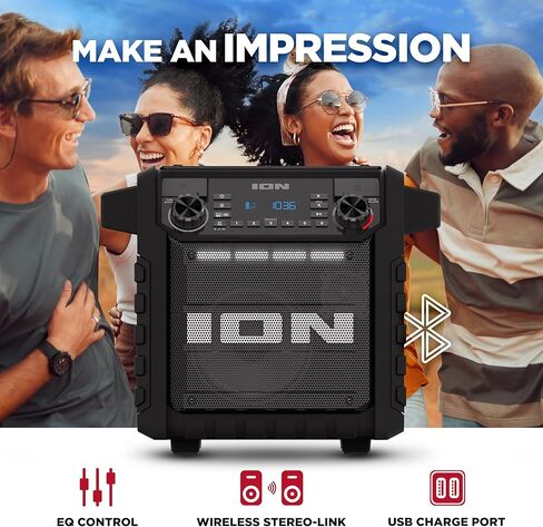 مكبر صوت بلوتوث محمول كلاسيكي من ION Tailgater مع بطارية قابلة لإعادة الشحن، راديو FM، منفذ USB، مقاوم للماء IPX5، مكبر صوت 6.5 بوصة، تطبيق، أسود in Kuwait