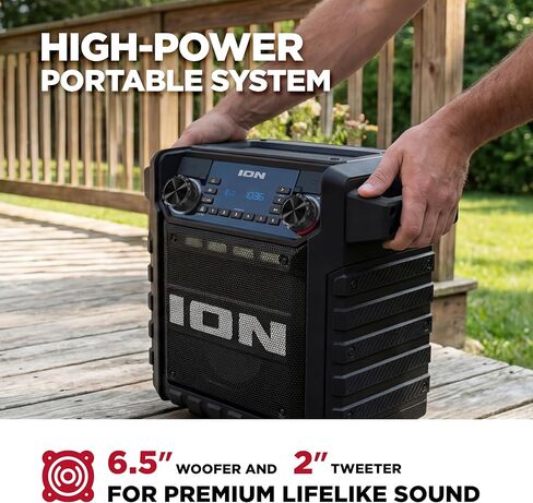 مكبر صوت بلوتوث محمول كلاسيكي من ION Tailgater مع بطارية قابلة لإعادة الشحن، راديو FM، منفذ USB، مقاوم للماء IPX5، مكبر صوت 6.5 بوصة، تطبيق، أسود in Kuwait