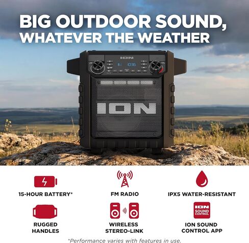 مكبر صوت بلوتوث محمول كلاسيكي من ION Tailgater مع بطارية قابلة لإعادة الشحن، راديو FM، منفذ USB، مقاوم للماء IPX5، مكبر صوت 6.5 بوصة، تطبيق، أسود in Kuwait