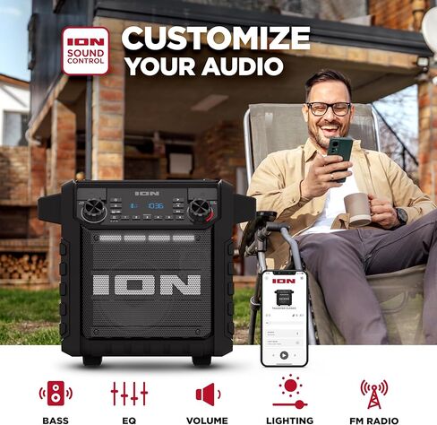 مكبر صوت بلوتوث محمول كلاسيكي من ION Tailgater مع بطارية قابلة لإعادة الشحن، راديو FM، منفذ USB، مقاوم للماء IPX5، مكبر صوت 6.5 بوصة، تطبيق، أسود in Kuwait