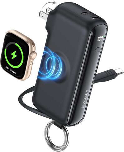 شاحن محمول RORRY Flow، بنك طاقة سريع الشحن بقدرة 10000 مللي أمبير بقدرة 40 وات مع كابل USB C مدمج ومقبس حائط قابل للطي، أساسيات السفر لحزمة البطارية لهاتف iPhone 17/16/15، وساعة Apple، وiPad، وMacBook in Kuwait