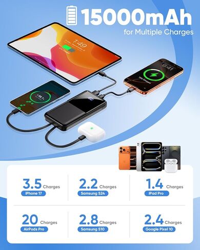 Portable Charger Power Bank - 15000mAh Battery Pack 22.5W Fast Charging Built-in Cable, Portable Phone Charger for iPhone All Models Samsung Android, Airline Friendly Camping Travel Essentials, 1 Pack in Saudi Arabia