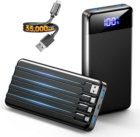 Portable Charger 35000mAh Power Bank - Powerbank with 4 Built in Cables, 22.5W Fast Charging Travel Camping Essential Battery Pack Compatible with iPhone 17 16 15 14 13 Samsung Google, 1 Pack in Kuwait
