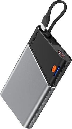 Aaoyun شاحن متنقل باور بانك، 10000 مللي أمبير 22.5 وات PD شحن سريع مع كابل USB C مدمج، حزمة بطارية هاتف خارجية رفيعة لهاتف iPhone 17/16/15 Samsung S24 Android وغيرها (أسود) in Kuwait