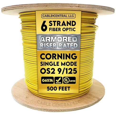 كابل ألياف بصرية مدرع من الفولاذ، OS2 9/125 وضع فردي، Corning SMF-28 Ultra، 6 جدائل، تصنيف كامل، أصفر، 500 قدم in Kuwait
