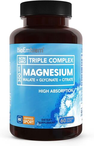 BioEmblem Triple Magnesium Complex | 300mg of Magnesium Glycinate, Malate, & Citrate for Muscles, Nerves, & Energy | High Absorption | Vegan, Non-GMO | 180 Capsules in Kuwait