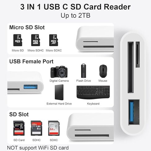 محول قارئ بطاقات SD 3 في 1 USB C مع منفذ USB وقارئ بطاقات ذاكرة SD وMicro SD TF ومحول كاميرا OTG متوافق مع iPhone 15/16 وiPad وMacBook وهواتف Android والكمبيوتر المحمول in Kuwait