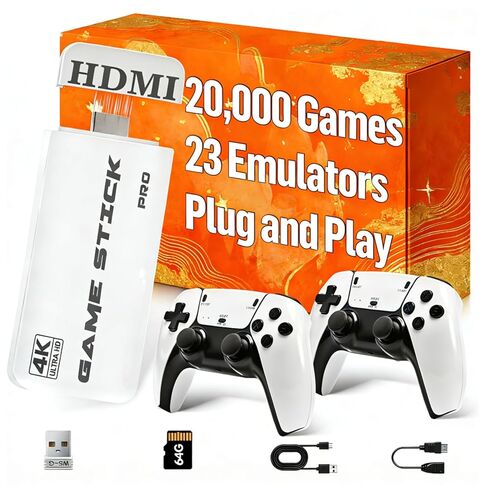 عصا وحدة تحكم ألعاب ريترو مع 20,000 لعبة مدمجة، 4K HDMI Plug n Play، وحدات تحكم لاسلكية مزدوجة 2.4G مع اتصال خالٍ من التأخر، تدعم حفظ اللعبة وتحميلها، وحدة تحكم كلاسيكية للمحاكاة بسعة 64 جيجابايت، هدية للعائلة والأطفال in Kuwait