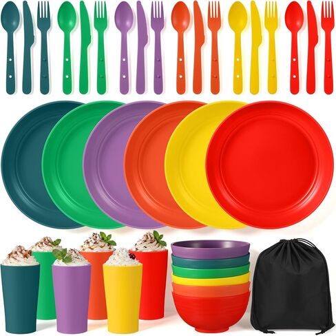 Remerry 6 Sets Camping Mess Kit with Plates Bowls Cups Spoon Fork and Knife Cutlery in 6 Colors Tableware Reusable Plastic Tableware Set for Travel Picnic Camping Necessity Home Party in Kuwait