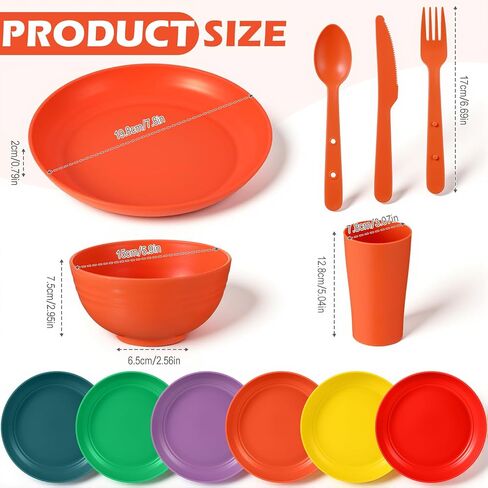 Remerry 6 Sets Camping Mess Kit with Plates Bowls Cups Spoon Fork and Knife Cutlery in 6 Colors Tableware Reusable Plastic Tableware Set for Travel Picnic Camping Necessity Home Party in Kuwait