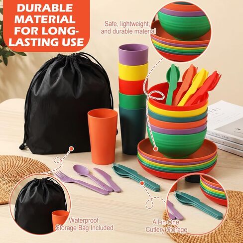 Remerry 6 Sets Camping Mess Kit with Plates Bowls Cups Spoon Fork and Knife Cutlery in 6 Colors Tableware Reusable Plastic Tableware Set for Travel Picnic Camping Necessity Home Party in Kuwait