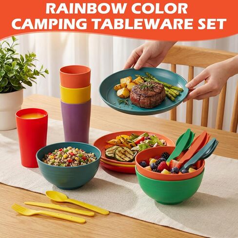 Remerry 6 Sets Camping Mess Kit with Plates Bowls Cups Spoon Fork and Knife Cutlery in 6 Colors Tableware Reusable Plastic Tableware Set for Travel Picnic Camping Necessity Home Party in Kuwait