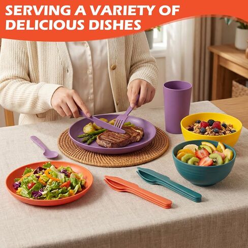 Remerry 6 Sets Camping Mess Kit with Plates Bowls Cups Spoon Fork and Knife Cutlery in 6 Colors Tableware Reusable Plastic Tableware Set for Travel Picnic Camping Necessity Home Party in Kuwait