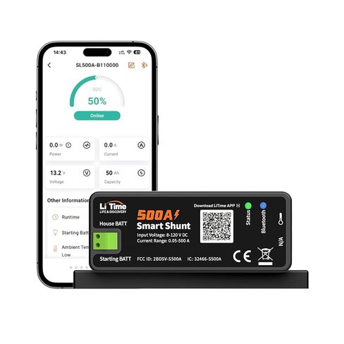 LiTime 500A Smart Shunt، نطاق مراقبة بطارية بلوتوث 8V-120V، SOC، تنبيهات الإنذار، سجلات التاريخ، مراقبة التطبيقات للليثيوم، LFP، AGM، بطاريات الجل، مثالية للتخزين المنزلي RV/البحرية/الطاقة الشمسية in Kuwait